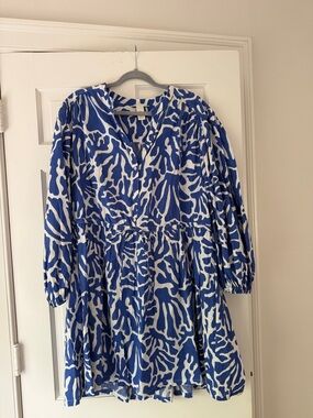 H&M Blue and White Long Sleeve Printed Dress